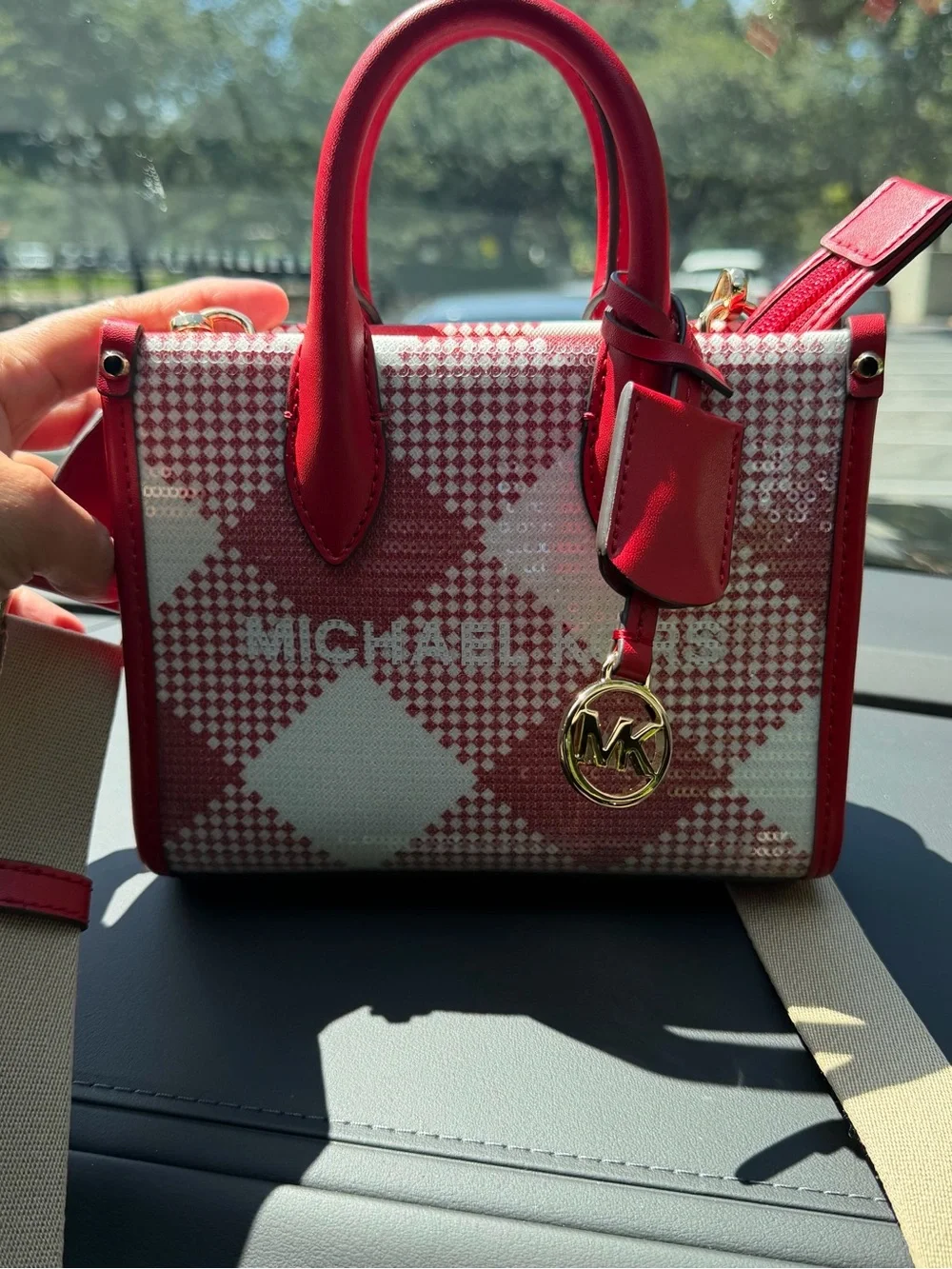 Michael Kors Red and Cream Mini Satchel with Gold Hardware